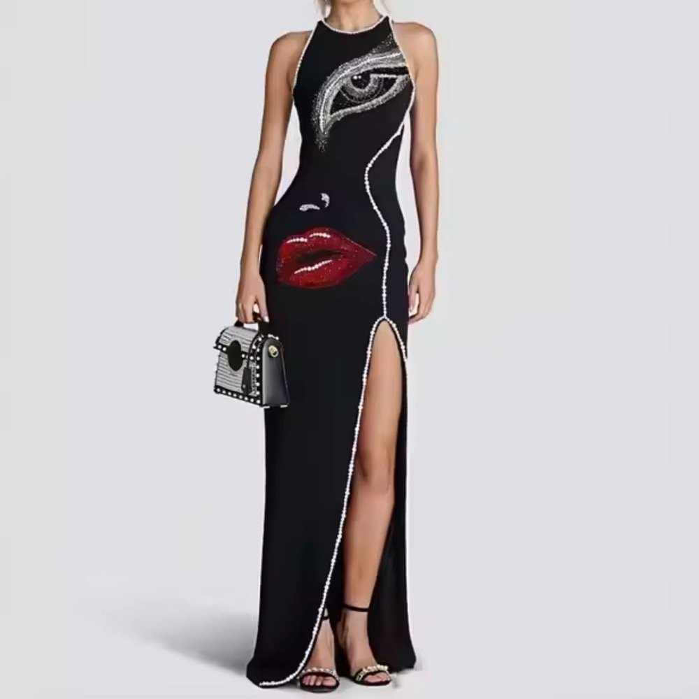 Elegant Black and Red Women's Modern Face Dress in Size 6 or 8